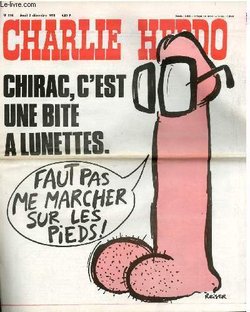 Titulná stránka Charlie Hebdo zÂ 2.12.1976, ktorá vtedajšieho premiéra Jacquesa Chiraca vyhlasuje za kokota v okuliaroch. 